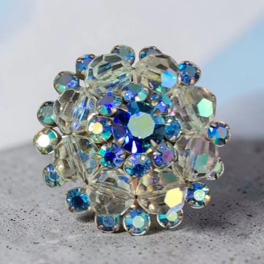 Vintage Blue Aurora Borealis Rhinestone Crystal Bead Flower Brooch Silver Tone